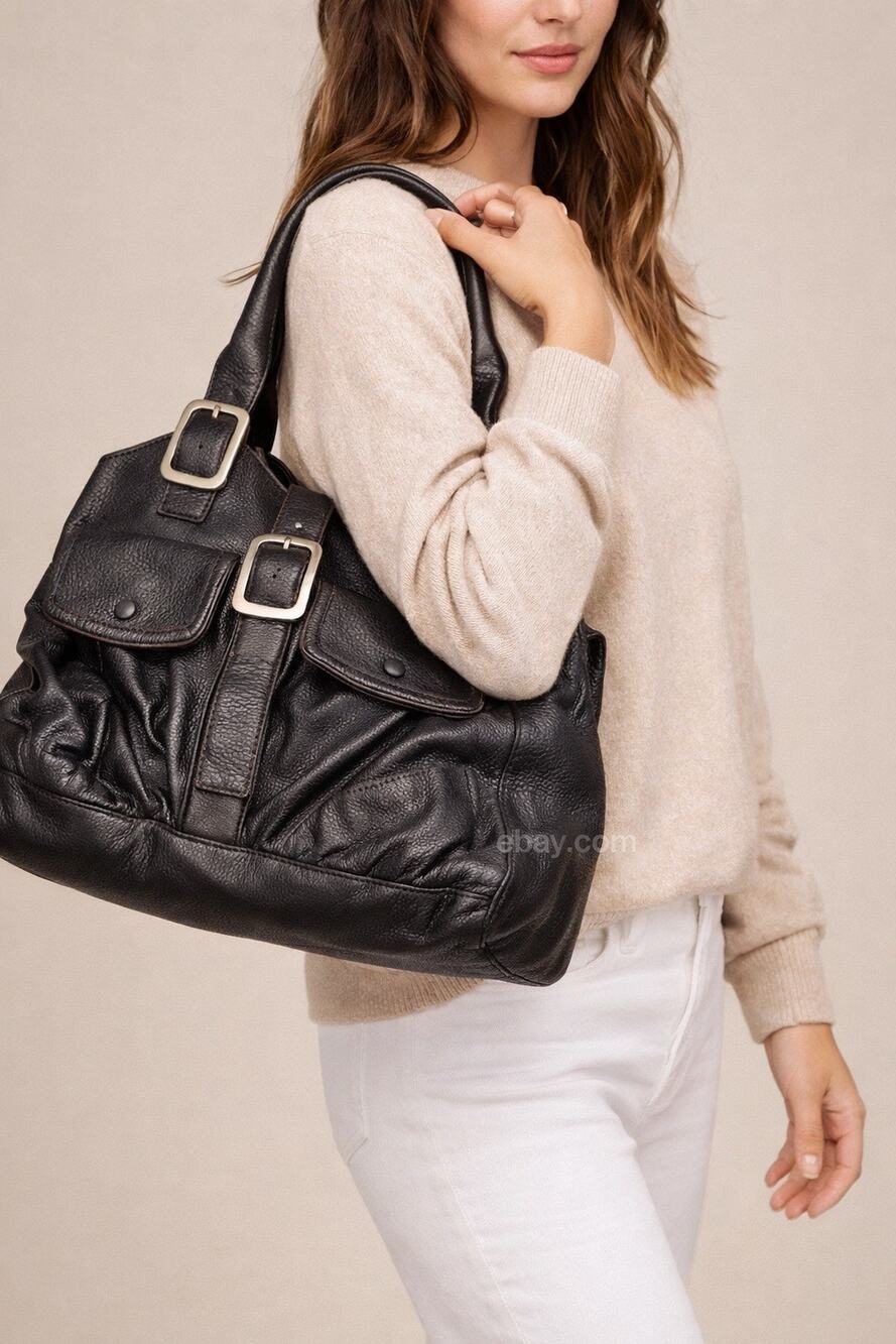 Cole Haan Black Pebbled Leather Satchel Handbag Buckle Pocket Tote